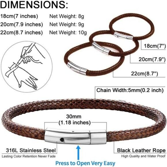 Personalized Leather Bracelet Custom Name Beads Mens Waterproof Cuff Gift - Picture 5 of 7